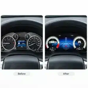 Gambar perbandingan sebelum dan sesudah yang menampilkan kluster pengukur Toyota Tundra asli di samping kluster digital yang ditingkatkan