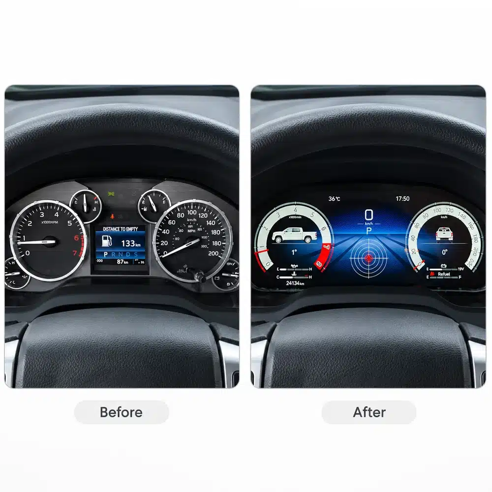 Toyota Tundra 2015 2019 Digital Cluster Before After 01 Gambar perbandingan sebelum dan sesudah yang menampilkan kluster pengukur Toyota Tundra asli di samping kluster digital yang ditingkatkan