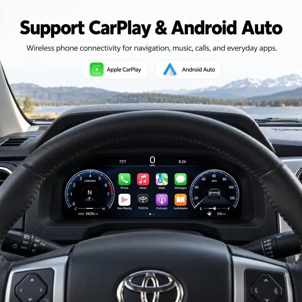 Toyota Tundra 2015 2019 Digital Cluster Carplay Display 01 Toyota Tundra dashboard view showing the digital cluster with Apple CarPlay and Android Auto app icons displayed.