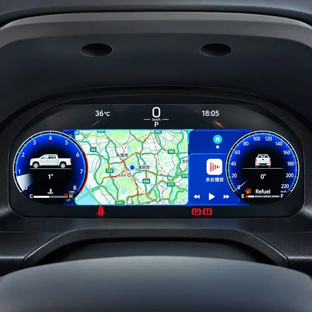 Toyota Tundra 2015 2019 Digital Cluster Map Navigation Display 01 Toyota Tundra digital cluster installed in the dashboard, showing a central map/navigation display between two circular