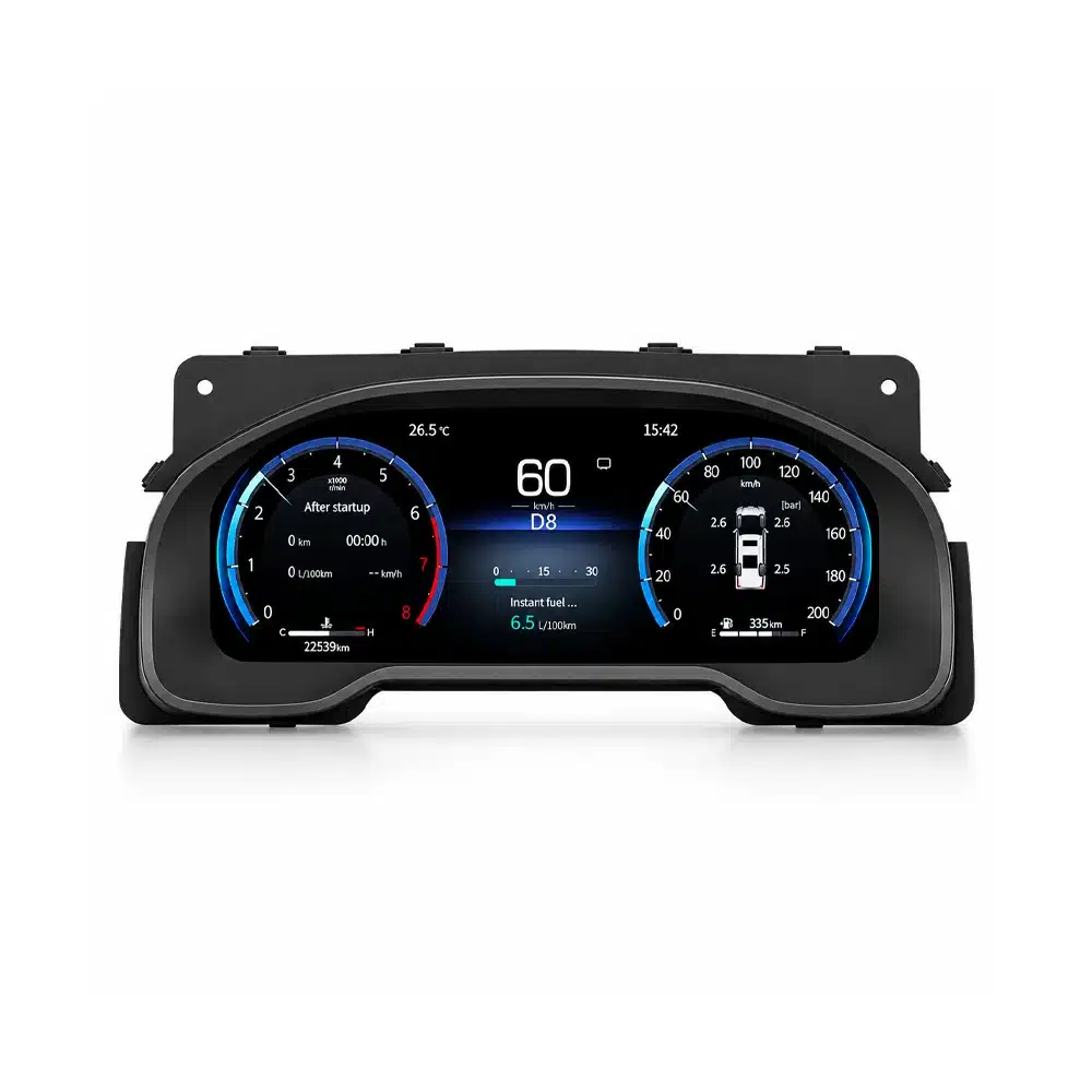 Toyota Tundra 2015 2019 Digital Cluster Product Front 01 Gambar produk tampak depan kluster instrumen digital Toyota Tundra dengan latar belakang putih, menampilkan UI dua pengukur melingkar