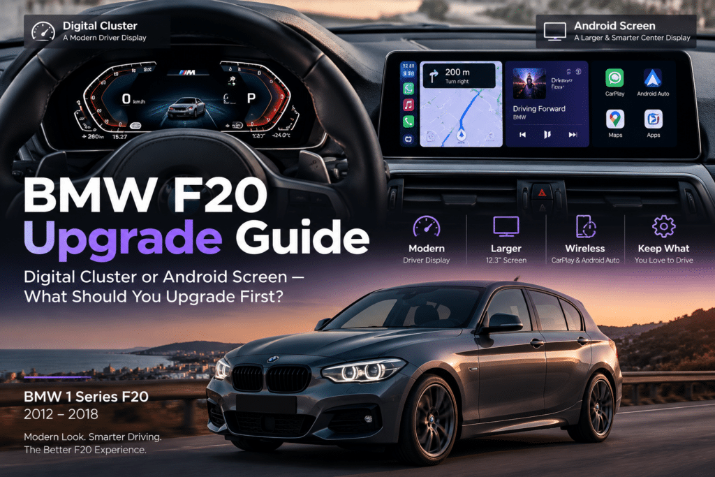 Panduan Upgrade BMW F20 membandingkan upgrade kokpit cluster digital dan layar Android