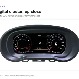 Kluster instrumen digital VW Polo 6R ditampilkan dalam rumah asli, tampilan depan speedometer LCD