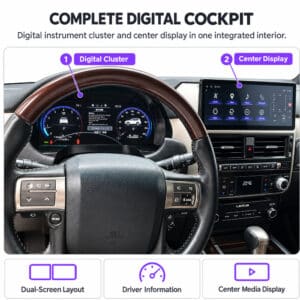 Interior Lexus GX460 menampilkan kluster instrumen digital yang terpasang di belakang roda kemudi dan layar infotainment tengah