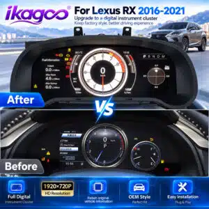 Perbandingan pengukur sebelum sesudah cluster digital Lexus RX 2016–2021 yang menunjukkan dasbor gaya OEM